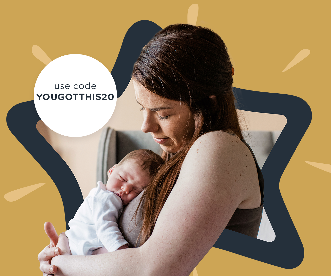 Mum holding a baby with YOUGOTTHIS20 code roundal on