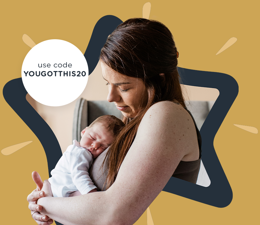 Mum holding a baby with YOUGOTTHIS20 code roundal on