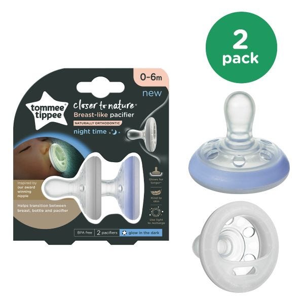 Closer to Nature Breast-like Night Time Pacifier (0-6 months), Blue &amp; White - 2 pack