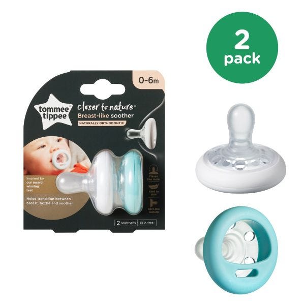 Closer to Nature Breast-like Pacifier (0-6 months), Blue &amp; White - 2 pack