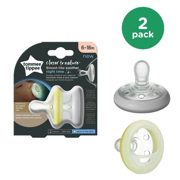 Closer to Nature Breast-like Night Time Pacifier (0-6 months), White &amp; Yellow - 2 pack