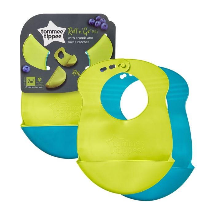 Roll and Go Bibs  with packaging showing both colours