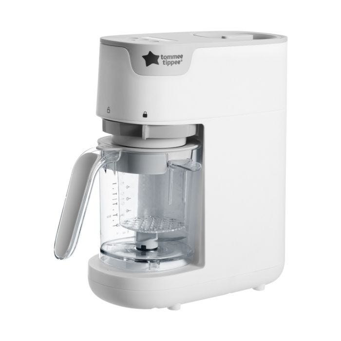Quick-cook-baby-food-maker-in-white-with-tommee-tippee-logo-and-clear-blender-jug