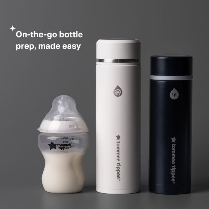 Black and white GoPrep flasks with baby bottle and text about on-the-go preparation.