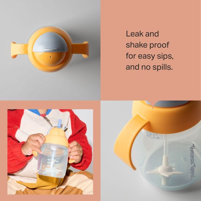 Grid of a toddler holding a trainer straw cup and two close up shots of trainer straw cups with product feature text