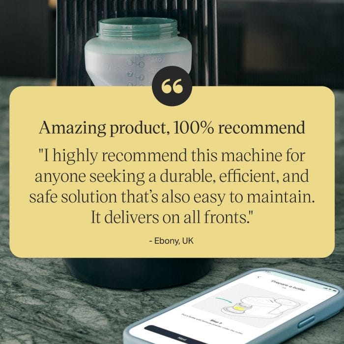 Close up image of a bottle on the Perfect Prep machine stand on a kitchen counter with text overlay of product review