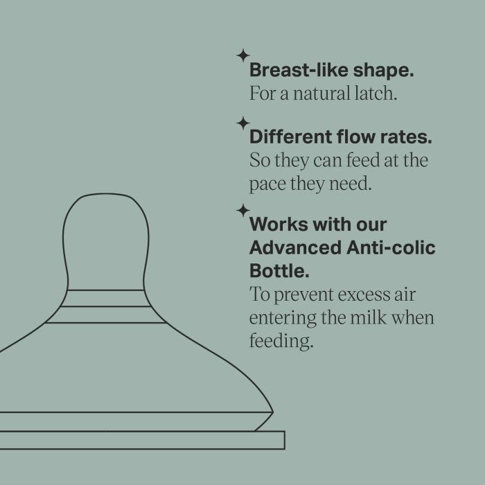 Line drawing of Advanced Anti-Colic teat with key feature bullet points