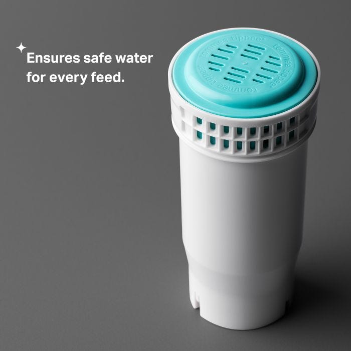 Perfect Prep filter on a dark grey background with text about safe water for every feed