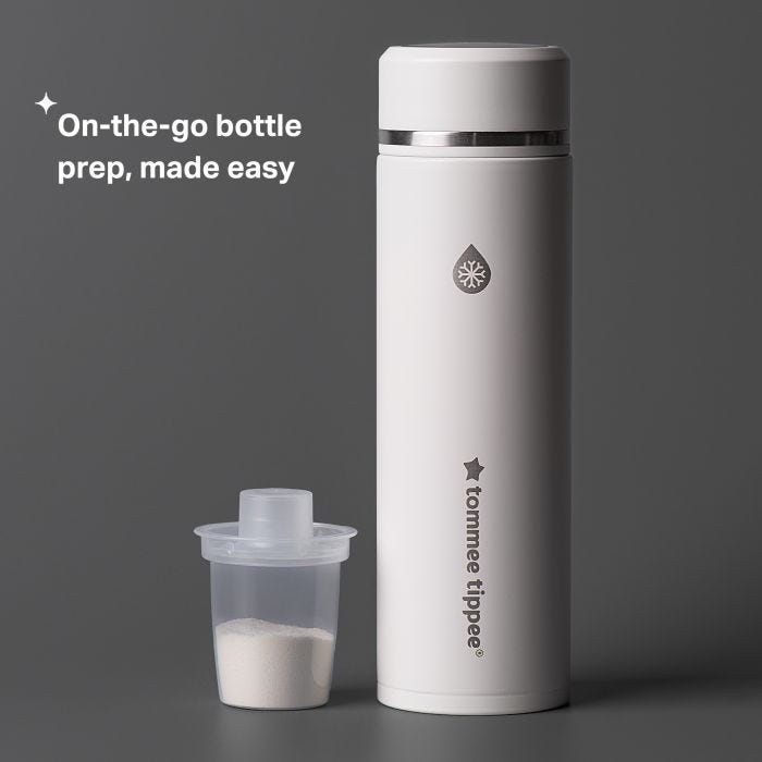 GoPrep and dispenser containing formula with text about preparing feeds on-the-go.