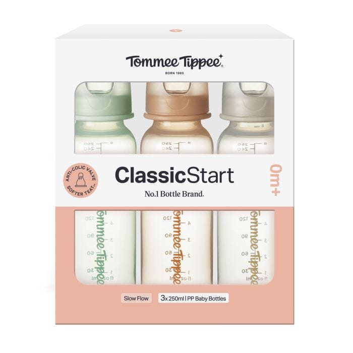 Classic Start narrow neck bottles in their packaging against a white background