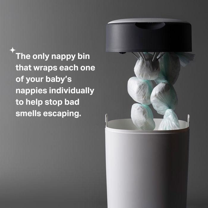 Twist and Click bin with nappies tied up inside with product USP tagline