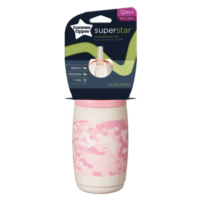 Pink camo insulated straw cup in its packaging against a white background