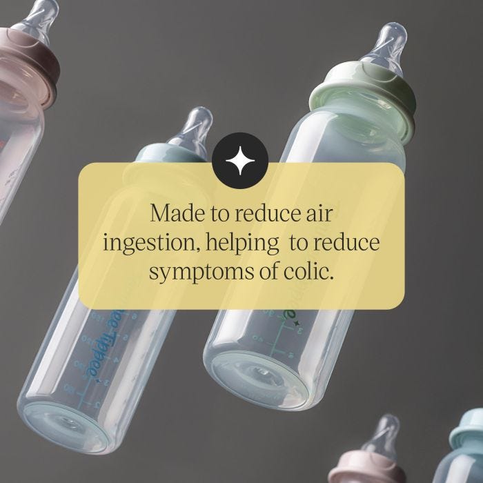 Classic Start narrow neck bottles against a grey background with text overlay of product messaging