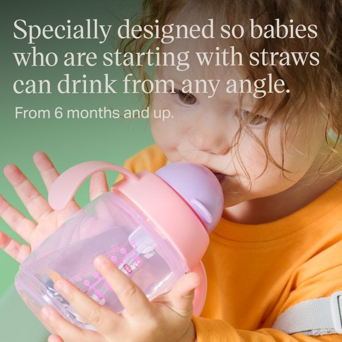 Toddler drinking from a pink trainer straw cup with text overlay of product USP tagline