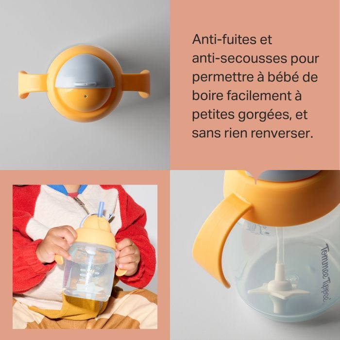 Grille d&apos;un enfant en bas âge tenant un gobelet à paille et deux gros plans de gobelets à paille avec le texte des caractéristiques du produit