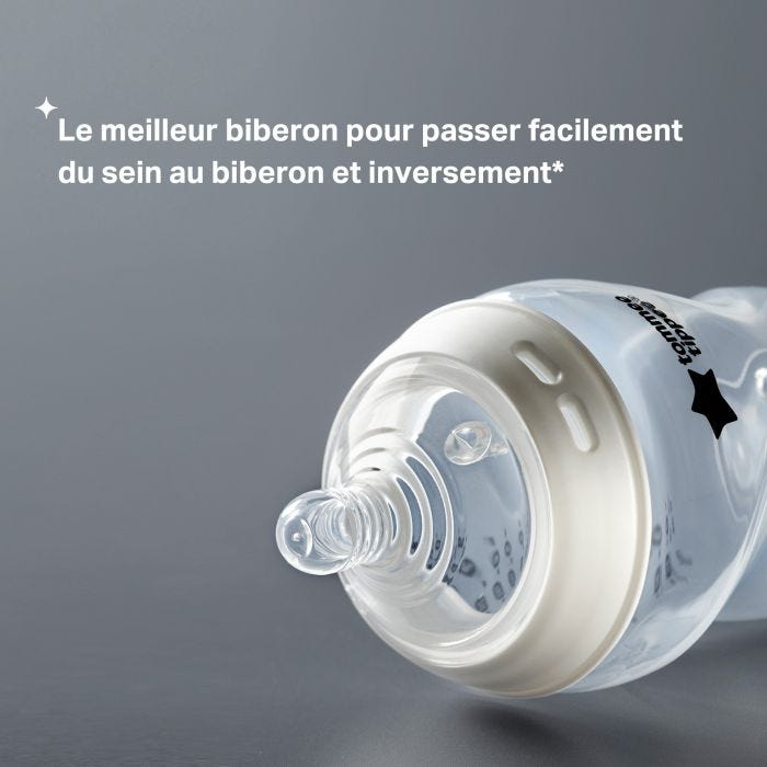 Biberon Natural Start sur fond gris avec le slogan USP du produit