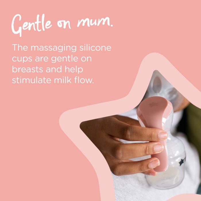 Mum using manual pump on one breast with text highlighting that the silicone horn is gentle on mum and helps stimulate milk flow.