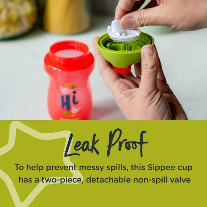 Someone removing the valve from a red sippee cup with text about how it’s leak proof