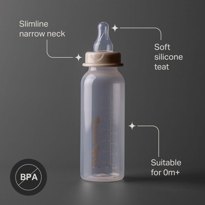 Classic Start narrow neck bottle against a grey background with pointers to key product features