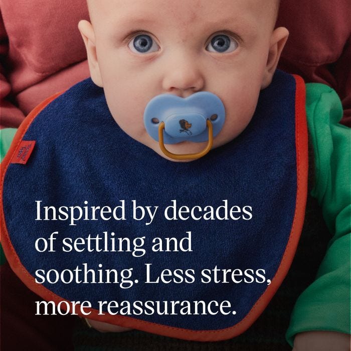 Image of a baby with an anytime soother in their mouth with text overlay of product USP tagline