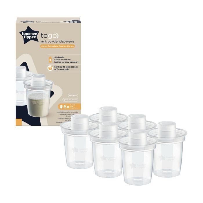 Six empty formula powder dispensers against a white background