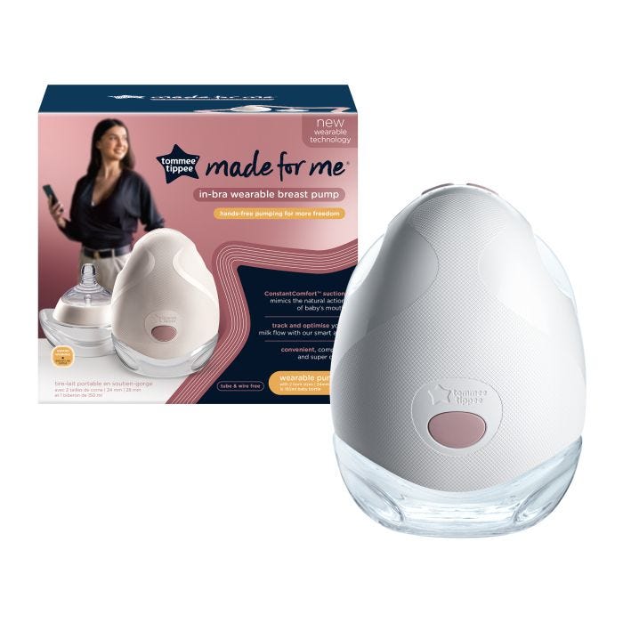 Single wearable breast pump with the packaging box against a white background