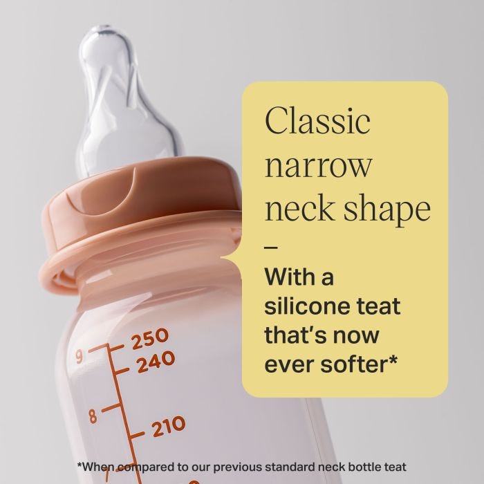 Close up image of a Classic Start narrow neck bottle with text overlay of product messaging