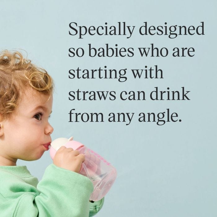 Toddler drinking from a starter straw cup against a blue background with product USP tagline alongside