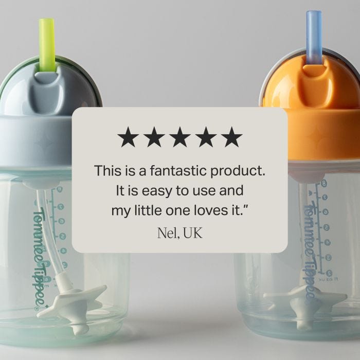 Blue and orange trainer straw cups against a grey background with text overlay of customer review