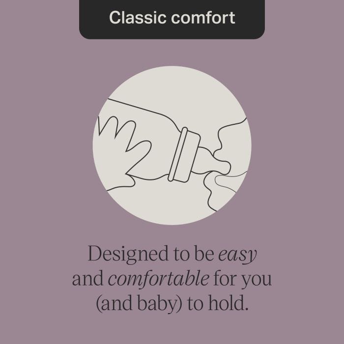 Keyline drawing of a baby holding a Classic Start narrow neck bottle with text about how it is comfortable to hold