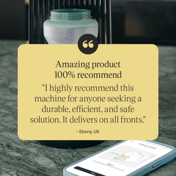 Close up image of a bottle on the Perfect Prep machine stand on a kitchen counter with text overlay of product review