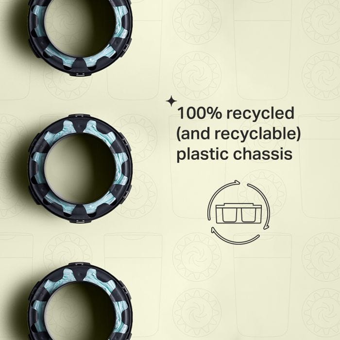 Three Twist and Click refill cassettes on a green background with text about the 100% recycled (and recyclable) plastic chassis