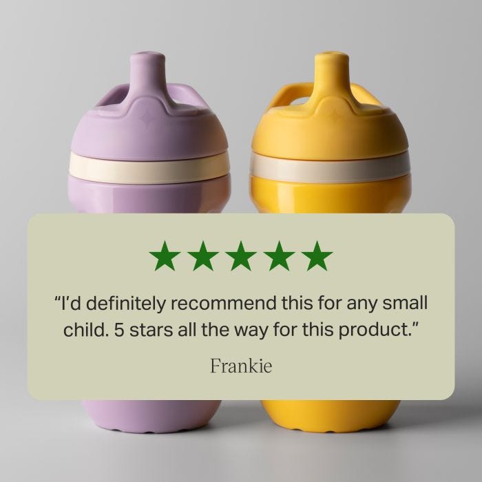 Purple and yellow insulated sporty spout cups side by side against a light grey background with text overlay of a customer review