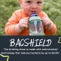 Little boy drinking from the weighted straw cup with text about Bacshield technology