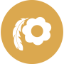 Yellow circle icon with white flower and feather inside