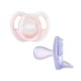 One pink and one purple ultralight pacifier on a white background