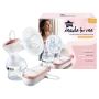 Single electric breast pump with power unit and packaging box on white background