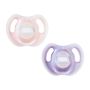 One pink and one purple ultralight pacifier on a white background