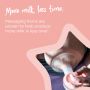 Breast pump horn placed over nipple on a pink background with text about expressing more milk in less time
