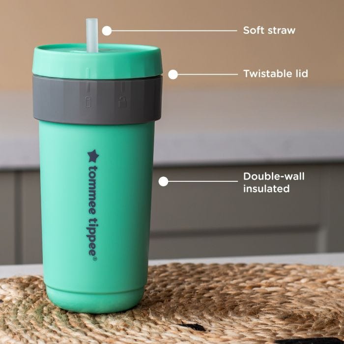 3in1Cup on a kitchen counter with pointers to its soft straw