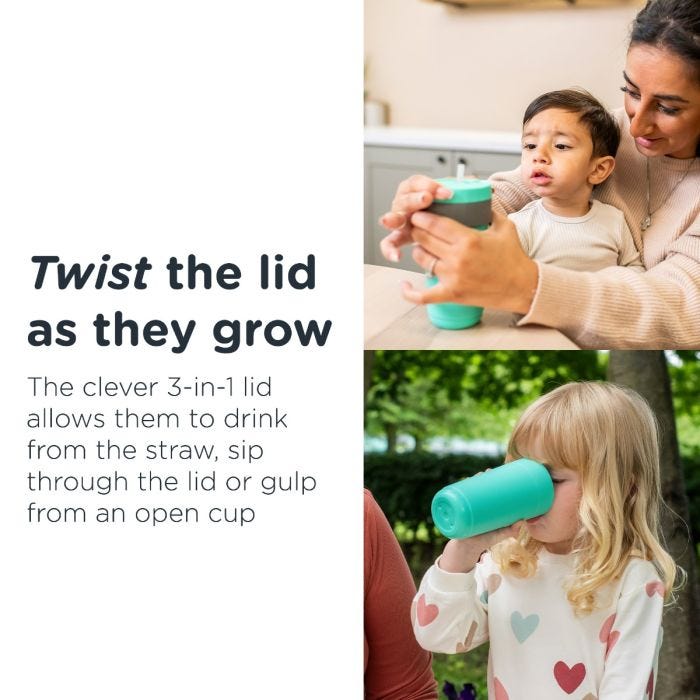 Mom twisting the lid of her 3in1Cup and toddler drinking from open cup with text about twisting the lid as they grow