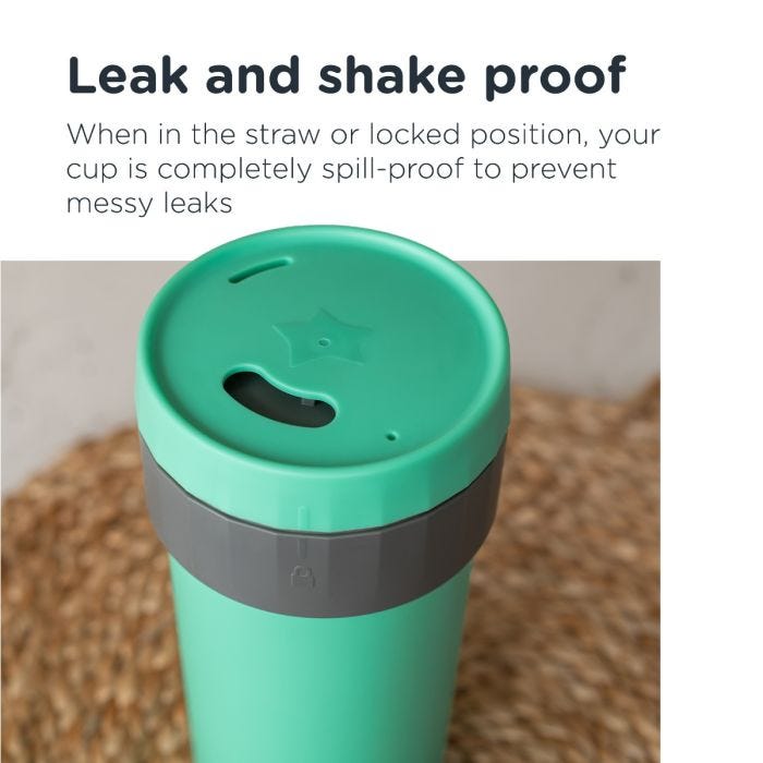 Close up of 3in1Cup’s lid with text about how the valve makes the cup leakproof when it’s locked or used with the straw