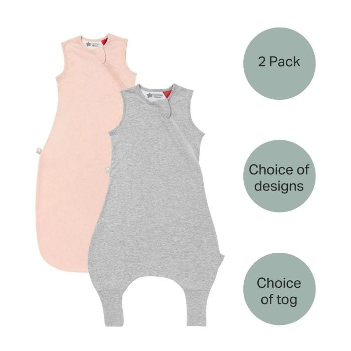 Pink sleepbag and grey steppee on white background with 2 pack, choice of designs and tog roundels