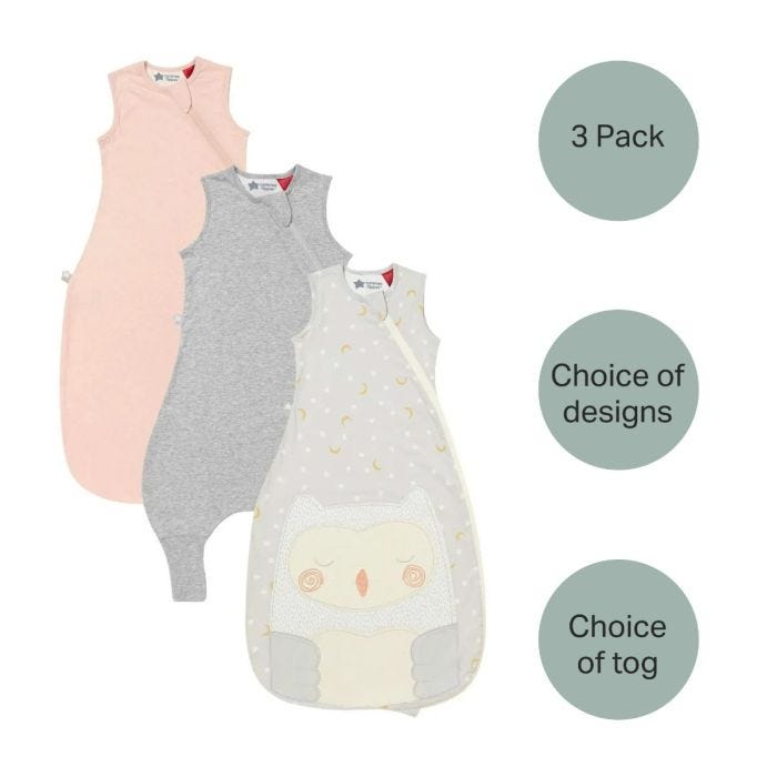 sleepbag and grey steppee on white background with 3 pack, choice of designs and tog roundels
