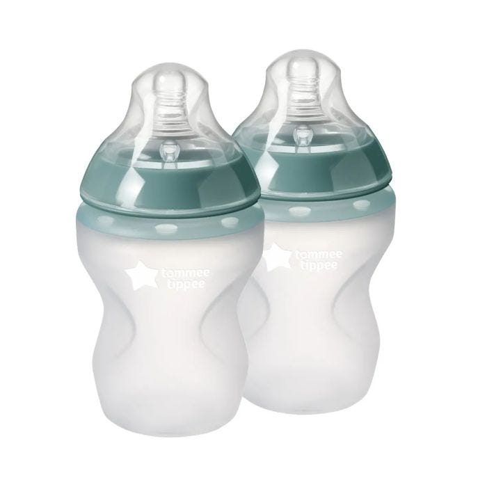 2x 9oz silicone baby bottles on white background.