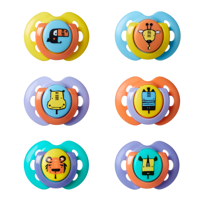 Fun style soother 6 pack 0-6month showing designs