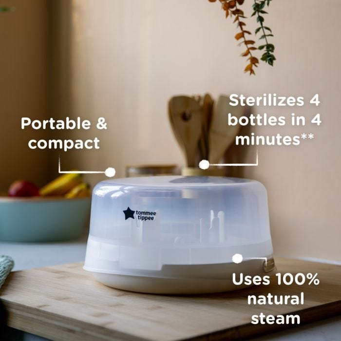 Microwave sterilizer on a kitchen counter with pointers to its main