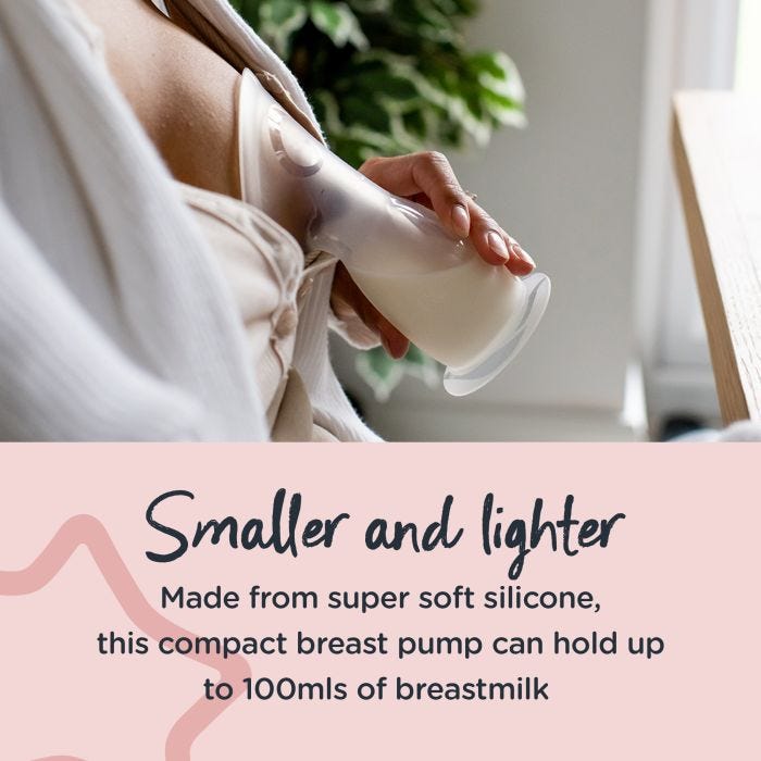 Mum using the silicone breast pump with text about how it’s smaller and lighter