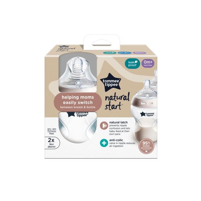 Natural Start baby bottles in their packaging box on a white background