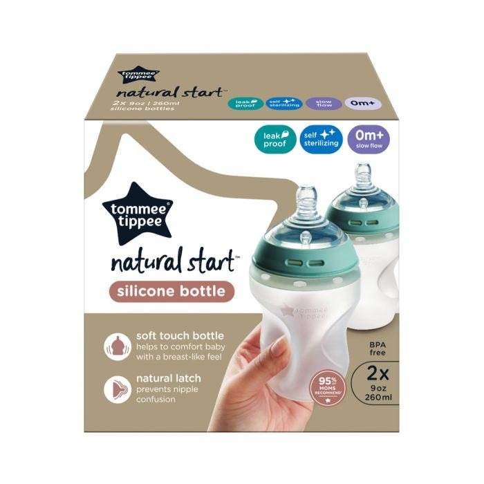 Natural Start Silicone baby bottle packaging box against a white background